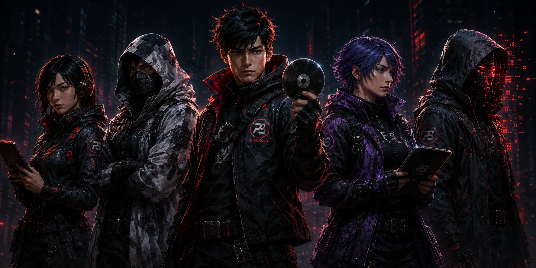 Five PS5 Blackout movement characters standing together in a neon-lit city, the center figure holding up a game disc